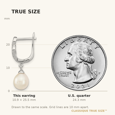 Sterling Silver Rhodium-plated White Teardrop Freshwater Cultured Pearl and CZ Dangle Leverback Earrings, 25.5 x 7 to 8mm