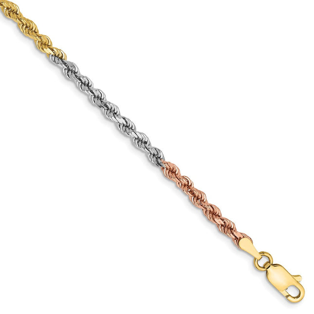 14K Tri-colored Diamond-cut Rope with Lobster Clasp Chain, 7 x 2.9mm