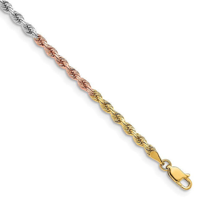 14K Tri-colored Diamond-cut Rope with Lobster Clasp Chain, 7 x 3mm