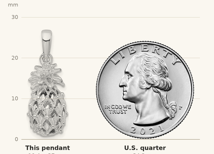 Classique True Size: De-Ani Sterling Silver Rhodium-Plated Polished 3D Cut-Out Medium Pineapple Pendant shown next to a US quarter (24.3 mm)