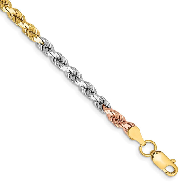 14K Tri-colored Diamond-cut Rope with Lobster Clasp Chain, 7 x 4mm