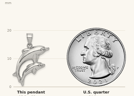 Classique True Size: Sterling Silver Rhodium-plated Polished Dolphins Pendant shown next to a US quarter (24.3 mm)