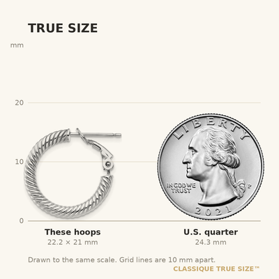 14K White Gold Twisted Round Hoop Earrings, 21 x 3mm