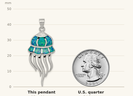 Classique True Size: Sterling Silver Rhodium-plated Polished Created Blue Opal Jellyfish Pendant shown next to a US quarter (24.3 mm)