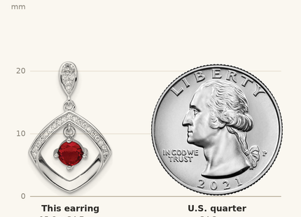 Classique True Size: Sterling Silver RH-plated Red Glass and Clear CZ Fancy Square Post Earrings shown next to a US quarter (24.3 mm)