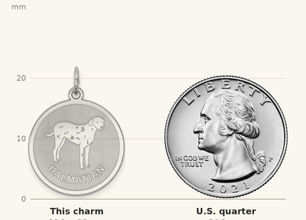 Classique True Size: Sterling Silver Rhodium-plated Dalmatian Disc Charm shown next to a US quarter (24.3 mm)