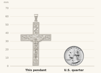 Classique True Size: Sterling Silver Polished Beaded Filigree Crucifix Pendant shown next to a US quarter (24.3 mm)