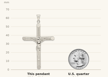 Classique True Size: Sterling Silver Polished and Texture Tube Crucifix Cross Pendant shown next to a US quarter (24.3 mm)