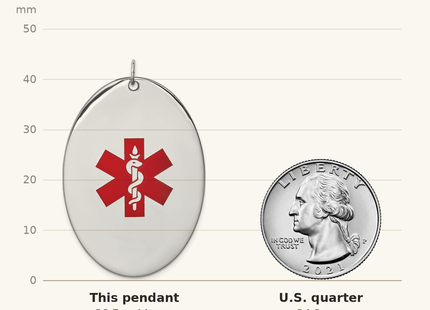 Classique True Size: Sterling Silver Rhodium-plated Oval Medical Jewelry Pendant shown next to a US quarter (24.3 mm)