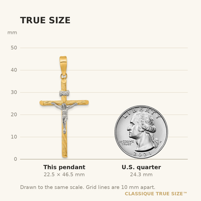 14K w/White Rhod Polished & Textured Inri Crucifix Cross Pendant, 46.45 x 21.9mm