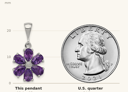 Classique True Size: Sterling Silver Rhodium Plated Amethyst and Diamond Flower Pendant shown next to a US quarter (24.3 mm)