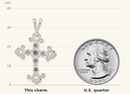 Classique True Size: Sterling Silver Purple CZ Cross Charm shown next to a US quarter (24.3 mm)
