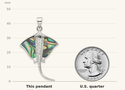 Classique True Size: Sterling Silver Rhodium-plated Polished Polished Abalone Stingray Pendant shown next to a US quarter (24.3 mm)