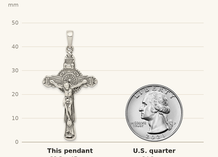 Classique True Size: Sterling Silver Antiqued Iona Crucifix Pendant shown next to a US quarter (24.3 mm)