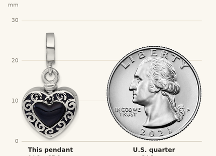 Classique True Size: Sterling Silver Rhodium-plated Onyx Enameled Heart Ash Holder Bead/Pendant shown next to a US quarter (24.3 mm)
