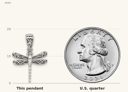 Classique True Size: Sterling Silver Rhodium-plated Oxidized Dragonfly Pendant shown next to a US quarter (24.3 mm)