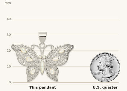 Classique True Size: Sterling Silver Filigree Fancy Mother of Pearl Butterfly Pendant shown next to a US quarter (24.3 mm)