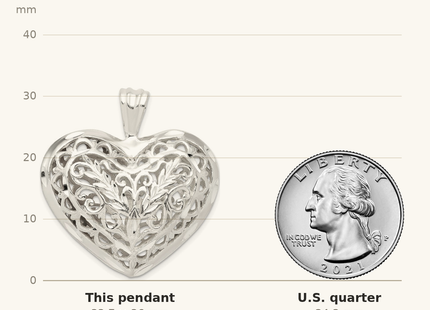 Classique True Size: Sterling Silver Filigree Puffed Heart Pendant shown next to a US quarter (24.3 mm)