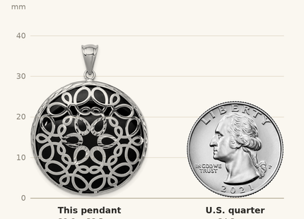 Classique True Size: Sterling Silver Rhodium-plated Filigree Diamond Cut Onyx Circle Dangle Pendant shown next to a US quarter (24.3 mm)