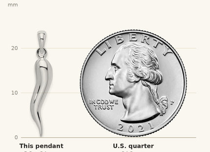 True size: De-Ani Sterling Silver Rhodium-Plated Polished 3D Italian Horn Pendant shown next to a US quarter (24.3 mm)