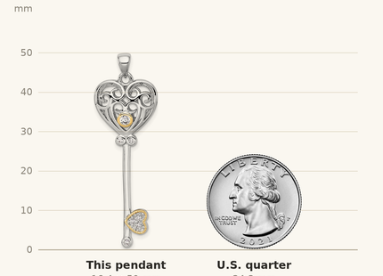 Classique True Size: Sterling Silver Rhodium-plated with 14k Accent Polished CZ Filigree Heart Key Pendant shown next to a US quarter (24.3 mm)