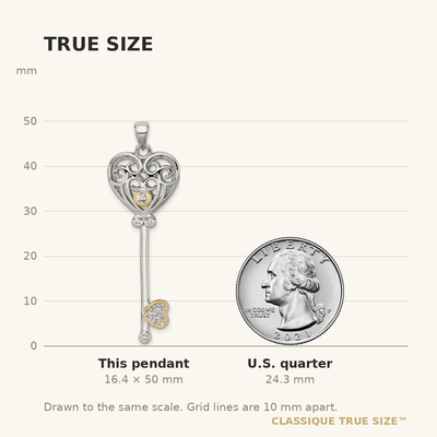 Sterling Silver Rhodium-plated with 14K Accent Polished CZ Filigree Heart Key Pendant