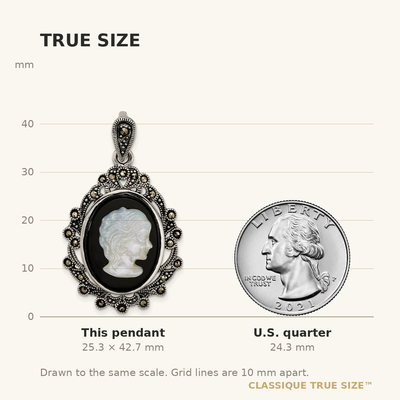 Sterling Silver Antiqued Marcasite with Black Agate and Mother of Pearl Cameo Pendant, 42.7 x 24.5mm