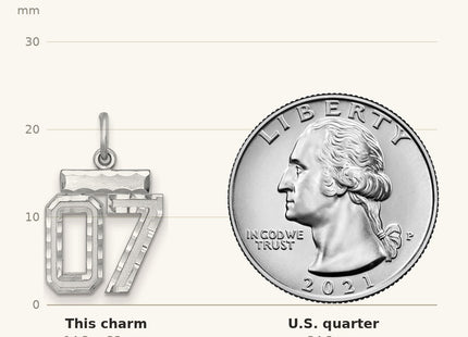True size: Sterling Silver Rhodium-plated Small Diamond-cut #07 Charm shown next to a US quarter (24.3 mm)