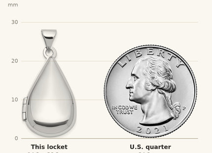 True size: Sterling Silver Rhodium-pltd Polished Teardrop Shaped Locket shown next to a US quarter (24.3 mm)