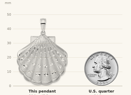 Classique True Size: De-Ani Sterling Silver Rhodium-Plated Diamond-Cut Large Scallop Shell Pendant shown next to a US quarter (24.3 mm)