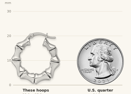 Classique True Size: Sterling Silver Rhodium-plated Polished Bamboo Round Hoop Earrings shown next to a US quarter (24.3 mm)