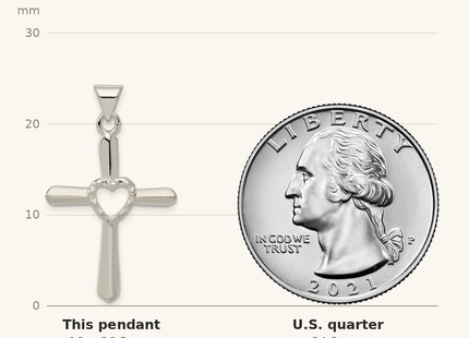 Classique True Size: Sterling Silver Polished and Textured Cross w/ Heart Pendant shown next to a US quarter (24.3 mm)