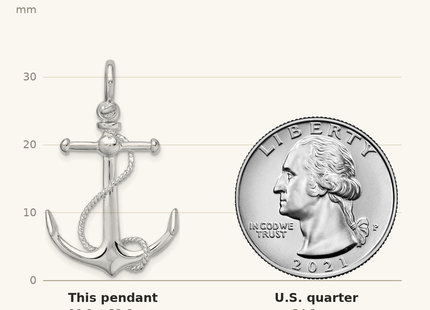Classique True Size: De-Ani Sterling Silver Rhodium-Plated Polished 3D Anchor with Rope Pendant shown next to a US quarter (24.3 mm)