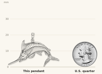 Classique True Size: De-Ani Sterling Silver Rhodium-Plated Polished and Satin Blue Marlin Pendant shown next to a US quarter (24.3 mm)