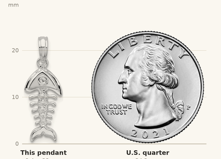 Classique True Size: De-Ani Sterling Silver Rhodium-plated Polished 3D Fishbone Pendant shown next to a US quarter (24.3 mm)