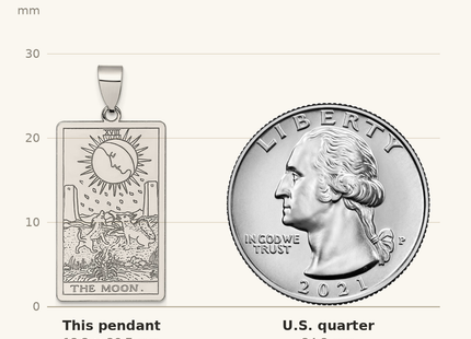 Classique True Size: Sterling Silver The Moon Tarot Card Pendant shown next to a US quarter (24.3 mm)