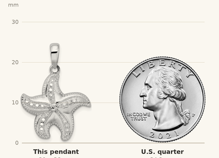 Classique True Size: De-Ani Sterling Silver Rhodium-plated Polished Diamond-Cut Starfish Pendant shown next to a US quarter (24.3 mm)