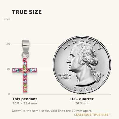 Sterling Silver Rhodium-plated Polished Pink/Blue/Green/Purple Crystal Childrens Cross Pendant