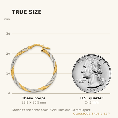 14K & White Rhodium Polished & Twist Hoop Earrings, 30.5 x 2mm