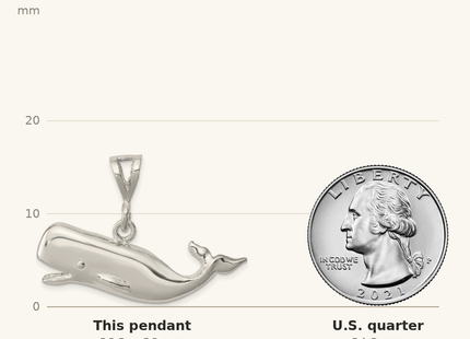 Classique True Size: Sterling Silver Polished Whale with Open Mouth Pendant shown next to a US quarter (24.3 mm)