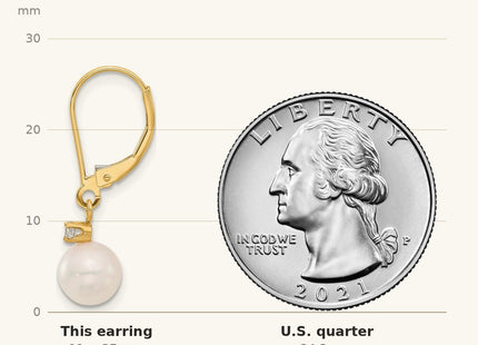 True size: 14k 7- White Round Akoya Saltwater Cultured Pearl and .10 Carat Diamond Dangle Leverback Earrings shown next to a US quarter (24.3 mm)