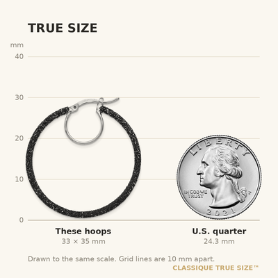 Sterling Silver Rhodium-plated Black Glitter Enamel Hoop Earrings, 35 x 2mm
