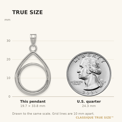 Wideband Distinguished Coin Jewelry 14K White Gold Polished Lightweight Teardrop Prong Coin Bezel Pendant, 33.75 x 19.6mm