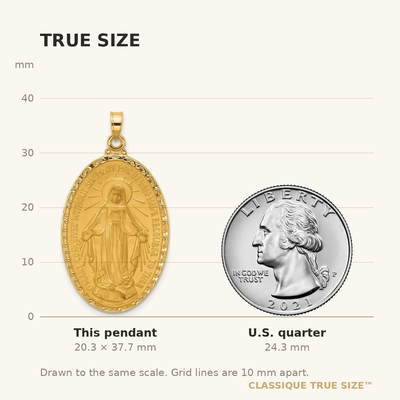 14K Satin and Polished Miraculous Medal Solid Oval Pendant, 37.7 x 21.2mm