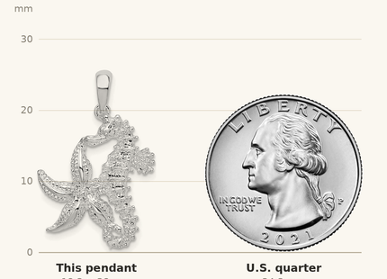 Classique True Size: De-Ani Sterling Silver Rhodium-Plated Polished Starfish and Seahorse Pendant shown next to a US quarter (24.3 mm)