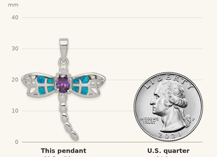 Classique True Size: Sterling Silver Rhod plated Creat. Opal Dragonfly Amethyst Pendant shown next to a US quarter (24.3 mm)