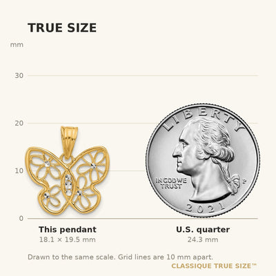 14K and White Rhodium Polished and D/C Flower Butterfly Pendant