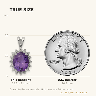 Sterling Silver Rhodium Plated Oval Amethyst and Diamond Pendant