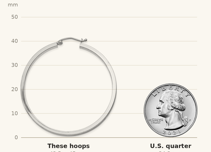 Classique True Size: Sterling Silver RH-plated Concave 3x1x45mm Rectangular Tube Hoop Earrings shown next to a US quarter (24.3 mm)