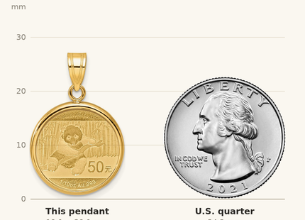 Classique True Size: Wideband Distinguished Coin Jewelry 14k Polished Mounted 1/10oz Panda Prong Coin Bezel Pendant shown next to a US quarter (24.3 mm)